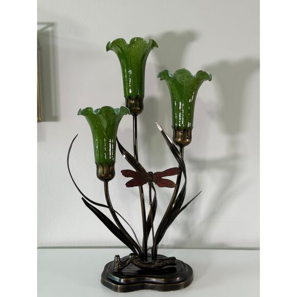 Vintage Dale Tiffany 3-Light Lily Lamp w/ Dragonfly - Picture 4 of 10